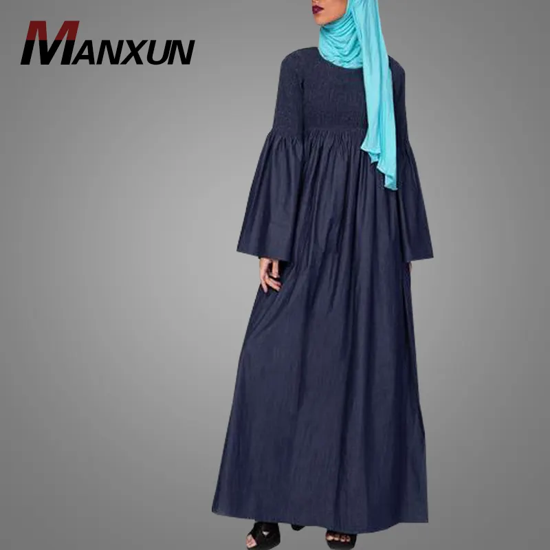 High quality soft denim smocking abaya dress kimono jilbab dubai abaya islamic clothing muslim women burqa