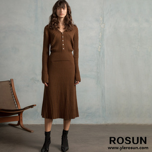 Elegante Cardigan Vintage da donna in <span class=keywords><strong>maglia</strong></span> <span class=keywords><strong>marrone</strong></span> a costine e abito Midi in due pezzi con decorazione a bottone per la stagione primaverile - Product Image 4