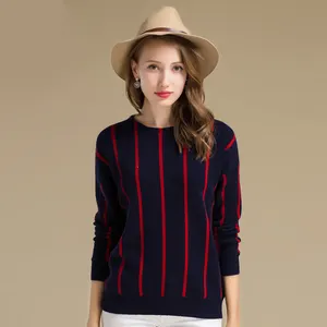 Invierno Casual azul marino raya Vertical patrón de suéter de cachemira para mujeres