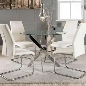 Tempered Round Glass Dining Table with Nest Design Metal Chromed Legs and 4 PU Dining Chairs Glass Dining Table Set