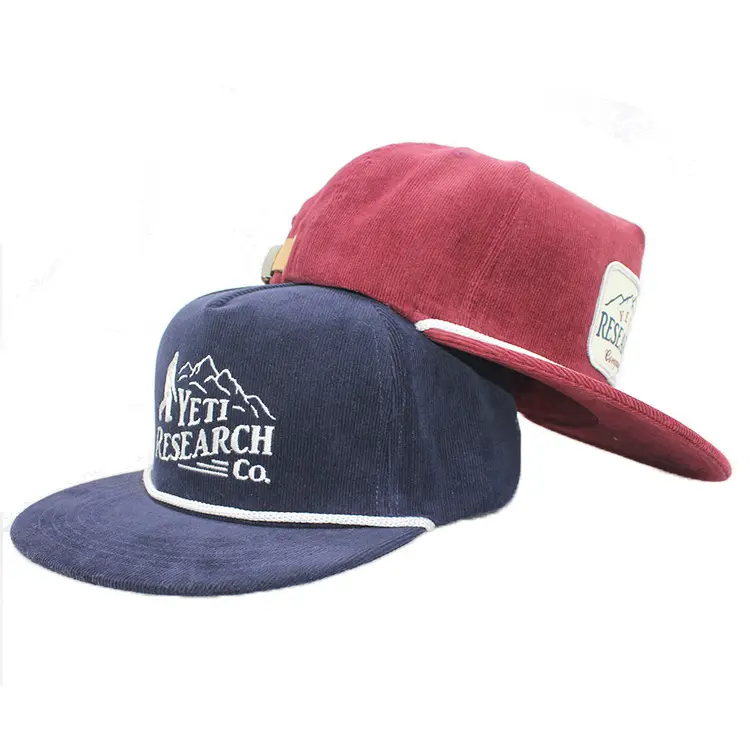 Custom 5 panel embroidery cap with rope, maroon/navy corduroy baseball hat with leather metal closure