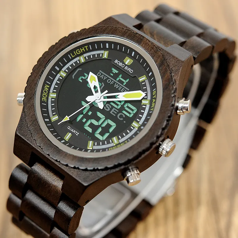 Роскошные деревянные часы с двойным дисплеем кварцевые цифровые спортивные наручные часы унисекс круглые часы для мужчин и женщин