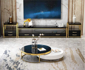 Meja Kopi Mewah 2 Buah dengan 1 Laci Bulat, Alas Baja Anti Karat untuk Ruang Tamu - Product Image 3