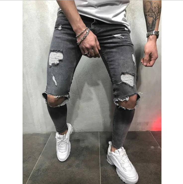 Mode Mannen Jeans Hip Hop Cool Streetwear Biker Patch Gat Ripped Skinny Jeans Slim Fit Heren Kleding Potlood Jeans