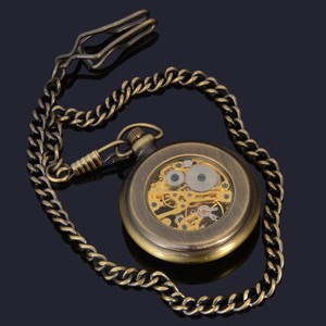 خمر نوع الميكانيكية الهيكل العظمي البرونزية النحاس المواد الرجال مواجهة مفتوحة ساعة جيب - Product Image 4