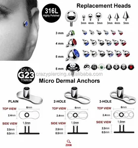 Benutzer definierte G23 Top Body Lang hantel Piercing Schmuck Titan Kristall Edelsteine Micro Dermal Anchor Top Piercing Implantate Großhandel