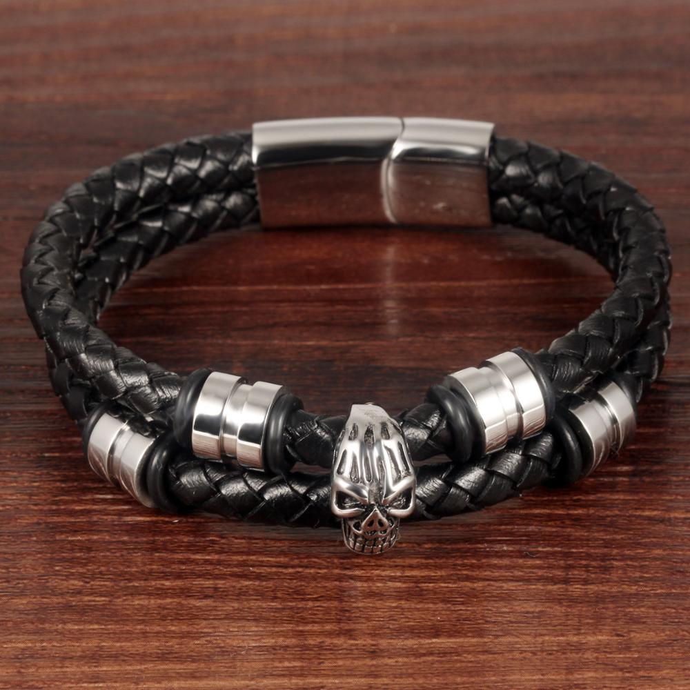 Haute Qualité Punk Hommes en acier inoxydable Crâne Tressé Véritable bracelet en cuir