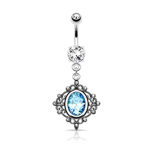China Trendy Oval CZ Gem Vintage Dangle Belly Rings Fake Button Ring 14mm Belly Button Rings