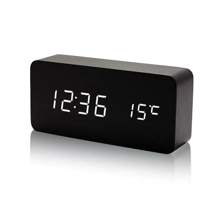 עץ led דיגיטלי שעון מעורר קול בקרת USB תשלום זמן תאריך טמפרטורה
