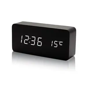 Wooden led digital alarm clock Voice Control USB Charge Time Date Temperature