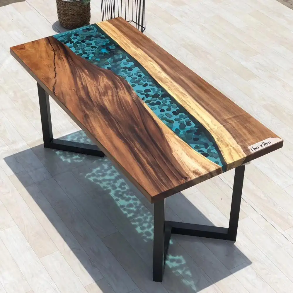 Walnut High End Special Design Solid Wood live edge slab bar table with blue water resin epoxy