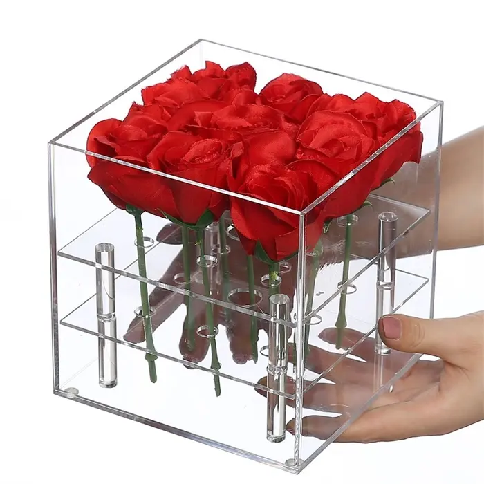 कस्टम स्पष्ट पानी धारक गुलाब पॉट एक्रिलिक फूल बॉक्स प्रदर्शन डिपार्टमेंट स्टोर पर्यावरण के अनुकूल एक्रिलिक स्वनिर्धारित लोगो स्वीकार्य