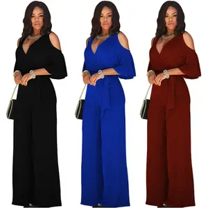 Musim Panas Seksi Bodycon Jumpsuit Celana Panjang Bahu Dingin Lengan Pendek Rompers Wanita Jumpsuits Plus Ukuran Pakaian E3186