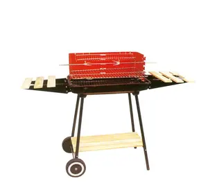 Trolley BBQ Charcoal Grill with wooden side table for outdoor camping with windshield BBQ grid fork heat resistant coal plate