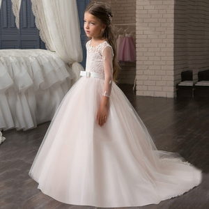 Illusione di compleanno manica a tre quarti Appliques abito da sposa ragazza treno <span class=keywords><strong>lungo</strong></span> WF131 - Product Image 1