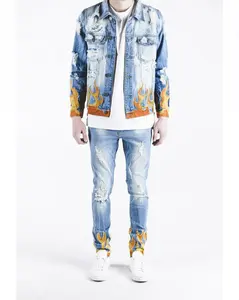 Royal wolf denim garment factory blue ripped jeans sets fire embroidered flames men denim jacket and jeans set