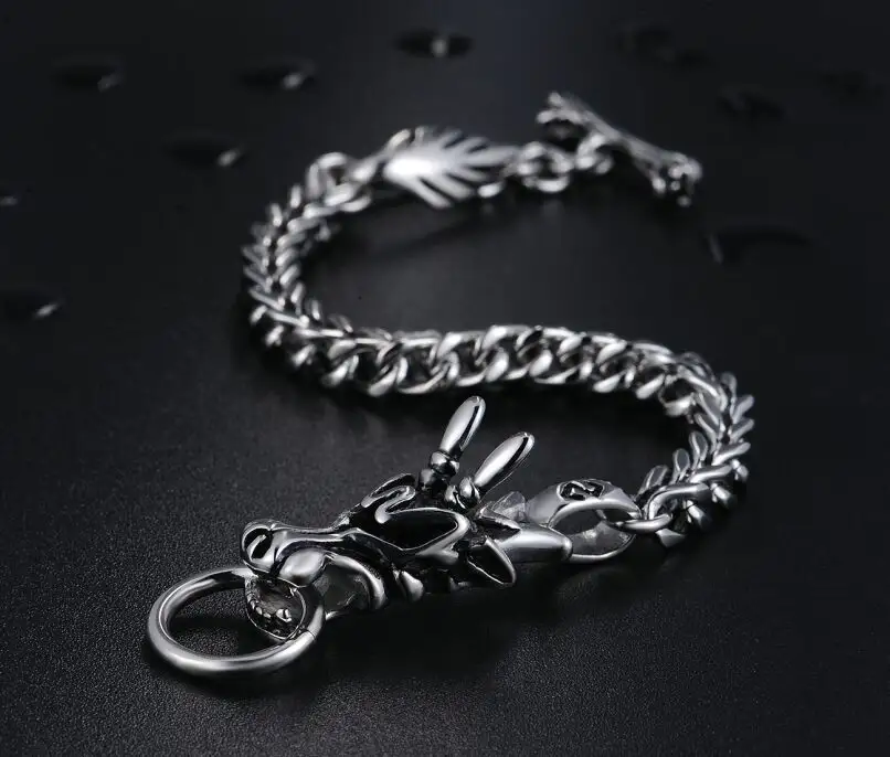 Viking Dragon Bracelet Stainless Steel Cuff Bracelet with Toggle Bar OT Clasp for Men Franco Link Chain Bracelet
