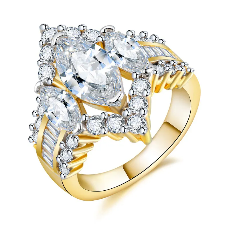 Anéis de casamento e noivado, cor dourada única, branco, marquise, zircônia cúbica, dois tons, diamante banhado, anel de noivado
