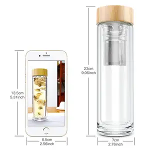 400ml/14 unzen Double Wall Borosilicate Glass mit Bamboo Lid und Infuser Strainer Water Bottle