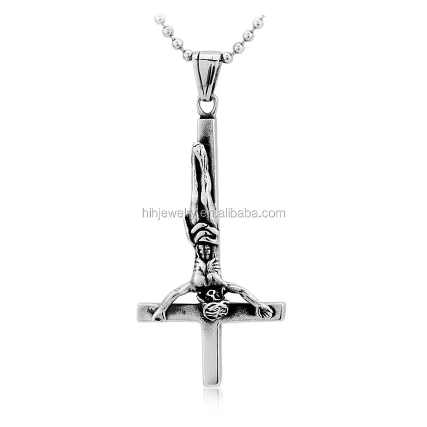 Men stainless steel inverted cross upside down crucifix pendant necklace