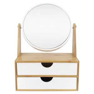Decorativo Desktop di Cosmetici In Legno di Bambù Specchio Per Il Trucco con Due Cassetti