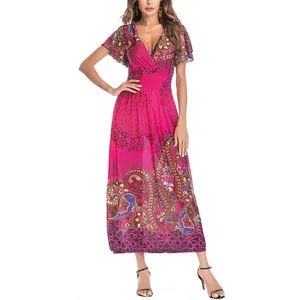 Factory In Stock Top Selling Bohemian Style Fast Shipping Ladies Summer Deep V Neck Floral Maxi Short Sleeves Long Beach Dress