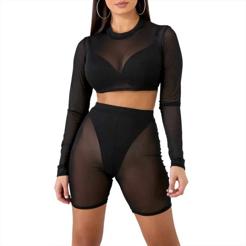 New Design Black Women Sexy Mesh Cover Up Set Fashion Charming Women High Waist Bikini Cover Up