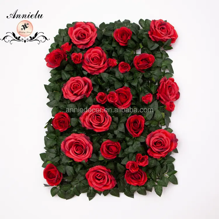 Factory Price 3D Rose Artificial Flower Wall Silk Faux Flower with Green Leaves Panel Wedding Decoration Backdrop
