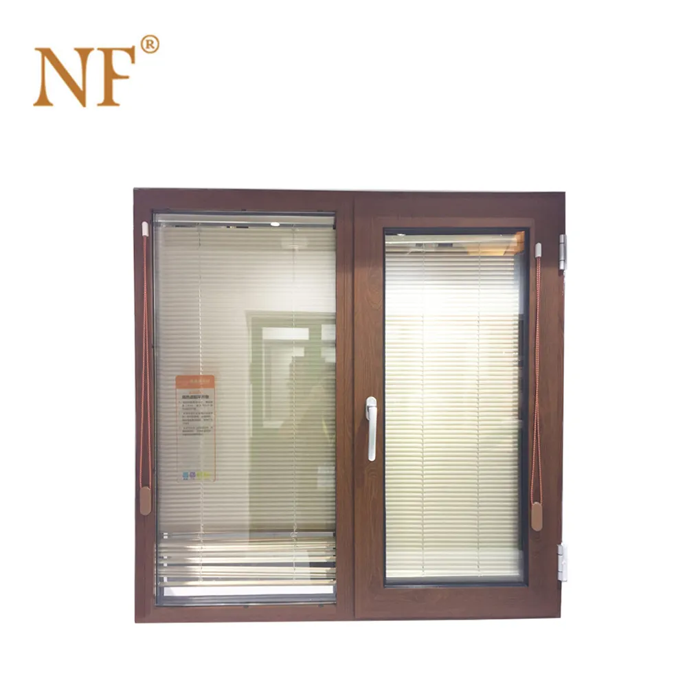 Brown wood design aluminium tilt turn window with manual bilnd