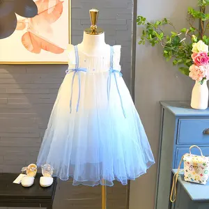 China Style 2021 Summer Sleeveless Dress Blue And White Gradient Girls Lace Baby Princess Dress