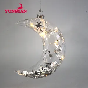 Battery Operated Holiday Wedding Party Clear Moon Shaped Glass Bauble Christmas Tree Hanging Ornaments With Led Lights
