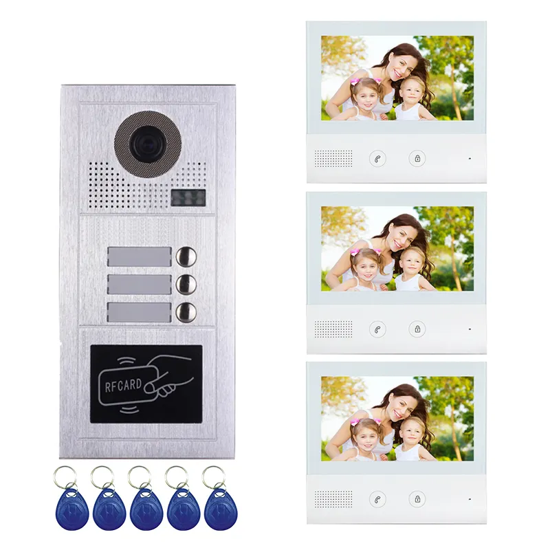 Bel Pintu Sistem Interkom Multi Apartemen 2 Kabel, Bel Pintu 7 Inci Video Ponsel untuk 3 Keluarga