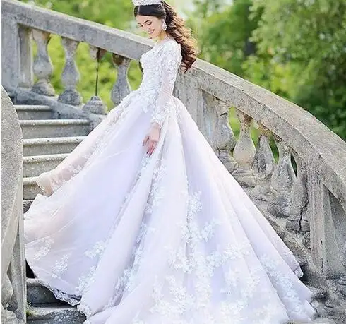 Haute Qualité Élégant Dentelle Blanche Musulmane À Manches Longues Robe De Mariée Robe De Mariée