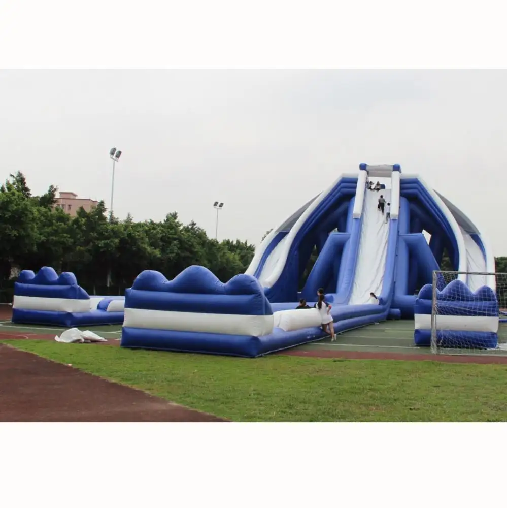 विशाल वयस्क जंबो Inflatable समुद्र तट स्लाइड बच्चों 3 लेन के साथ 55m Inflatable हिप्पो पानी स्लाइड पूल