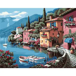 Diy lienzo pintura al óleo ciudad costera y barco pintura por número imagen en lienzo impresión en lienzo sala de estar