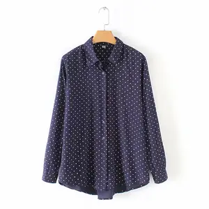 Nuevo diseño simple polka dot blusa para mujeres de algodón de manga larga tops