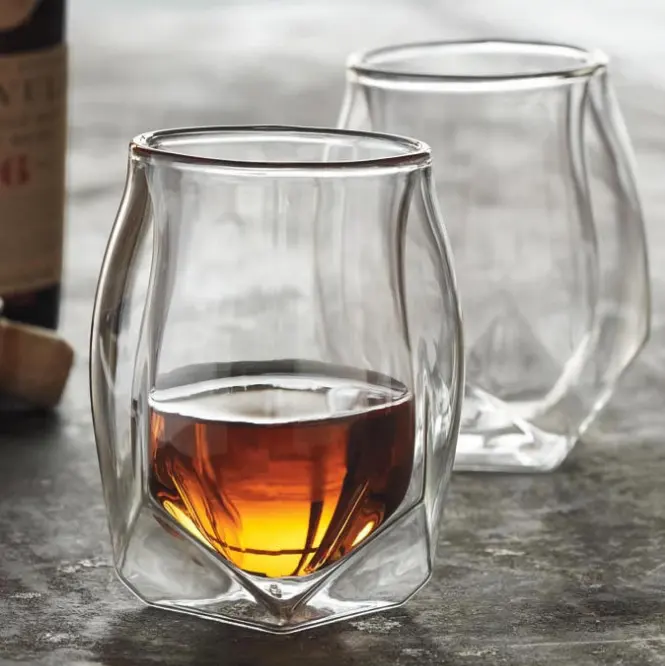 Clear borosilicate double wall glass whisky tumbler glass cup