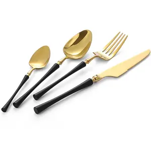 豪华不锈钢可重复使用的勺叉和刀套装金属镀金平板黑色不锈钢餐具