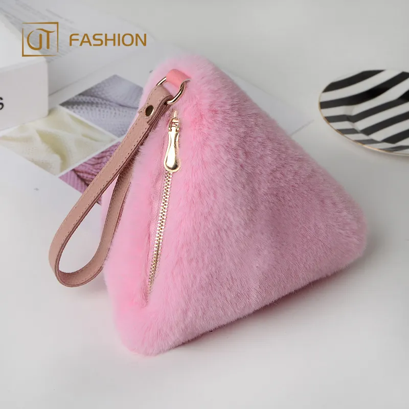 2018 hot sale jtfur fake rex rabbit fur hand bag wild plush triangle bag faux fur bag