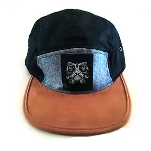 En blanco personalizado 5 panel cap de cuero barato correa trasera sombreros con hebilla de metal del sombrero del Snapback