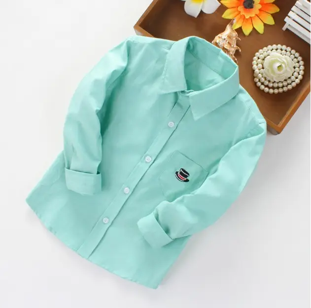 Camisa simples de algodão com bordado, camiseta infantil de 100% poplin para meninos e meninas