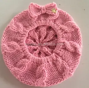 Béret en tricot avec nœud pour filles, câble acrylique, vêtement doux et mignon, nouvelle mode