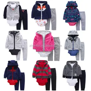 3Pcs Lange Mouwen Fleece Hooded Baby Jassen Jas Matching Met Bodysuits En Broek