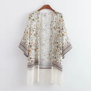 Custom Gedrukt Ontwerp Fringe Kimono Top Vrouwen Kimono