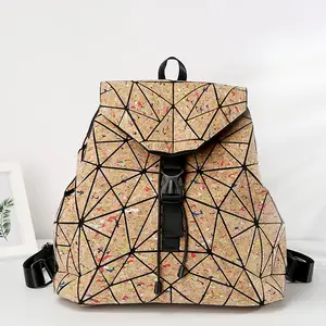 Bula mochila escolar geométrica xadrez vegan, bolsa de couro pu, holográfica, para mulheres