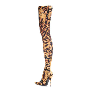 WETKISS Seksi Sivri Burun Diz Çizmeler Üzerinde Kayma <span class=keywords><strong>Stiletto</strong></span> Topuk Yüksek Streç Çizmeler Leopar Kadın Ayakkabı Kaplan Uyluk Yüksek çizmeler - Product Image 2
