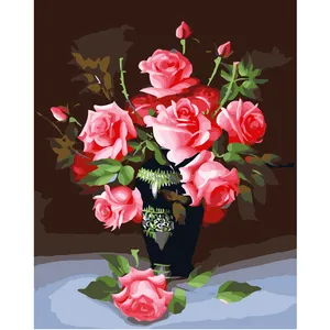 De gros fleur rose photos-Bricolage Fleur Photo Peint À La Main Peinture À L'huile De Rose Rose Pinceaux De Peinture À L'huile Mur Photos Pour Salon Décoration De La Maison