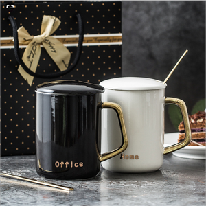Procelian Wedding Office Gift <strong>Mug</strong> Set Black White <strong>Gold</strong> <strong>Mugs</strong> Handle Ceramic <strong>Mug</strong> with Handle Lid and Spoon - Product Image 3