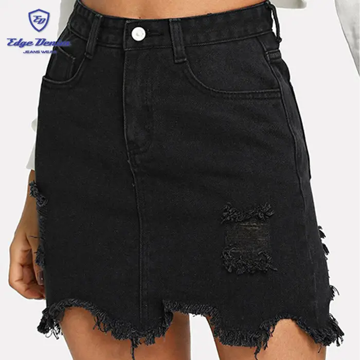 Fabriek Prijs Lady Verzwakte Hem Ripped Korte Zwart Denim Rok