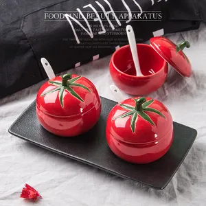 factory OEM ceramic red/white/green/purple tomatoes shape porcelain seasoning cans with lid/handle